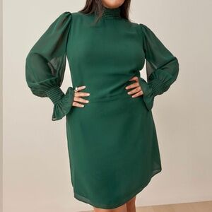 Reformation Archie Dress - Georgette Shirred Mini - Emerald